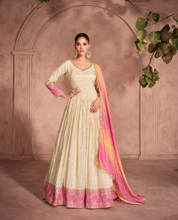 Beige Anarkali Suit with Pink Embroidery and Designer Bandhani Dupatta