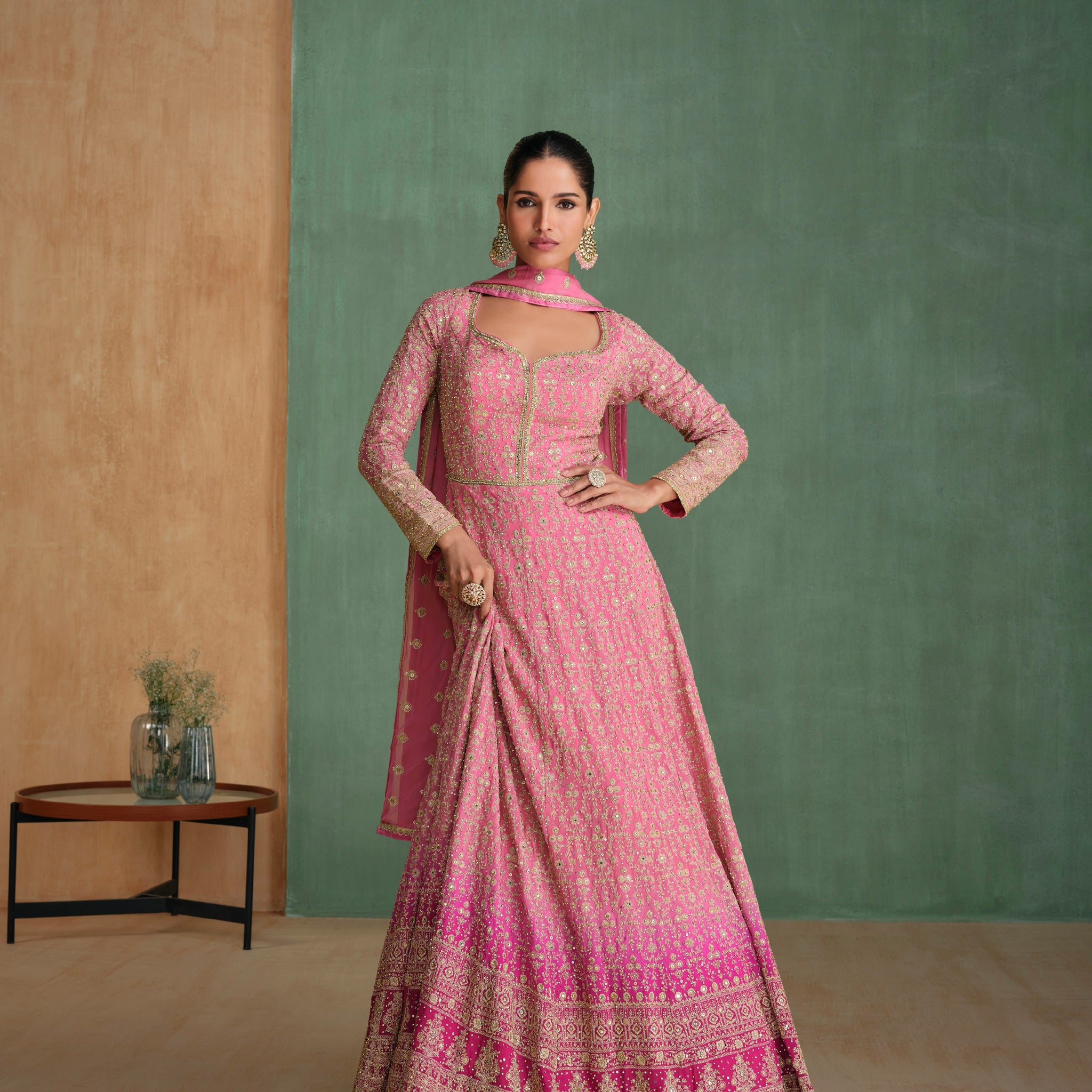 Pink Anarkali Suit with Swarovski Diamond Embroidery and Rich Dupatta