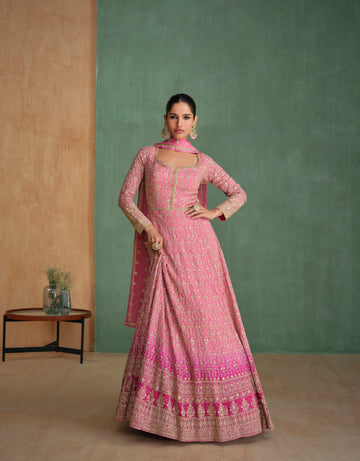 Pink Anarkali Suit with Swarovski Diamond Embroidery and Rich Dupatta