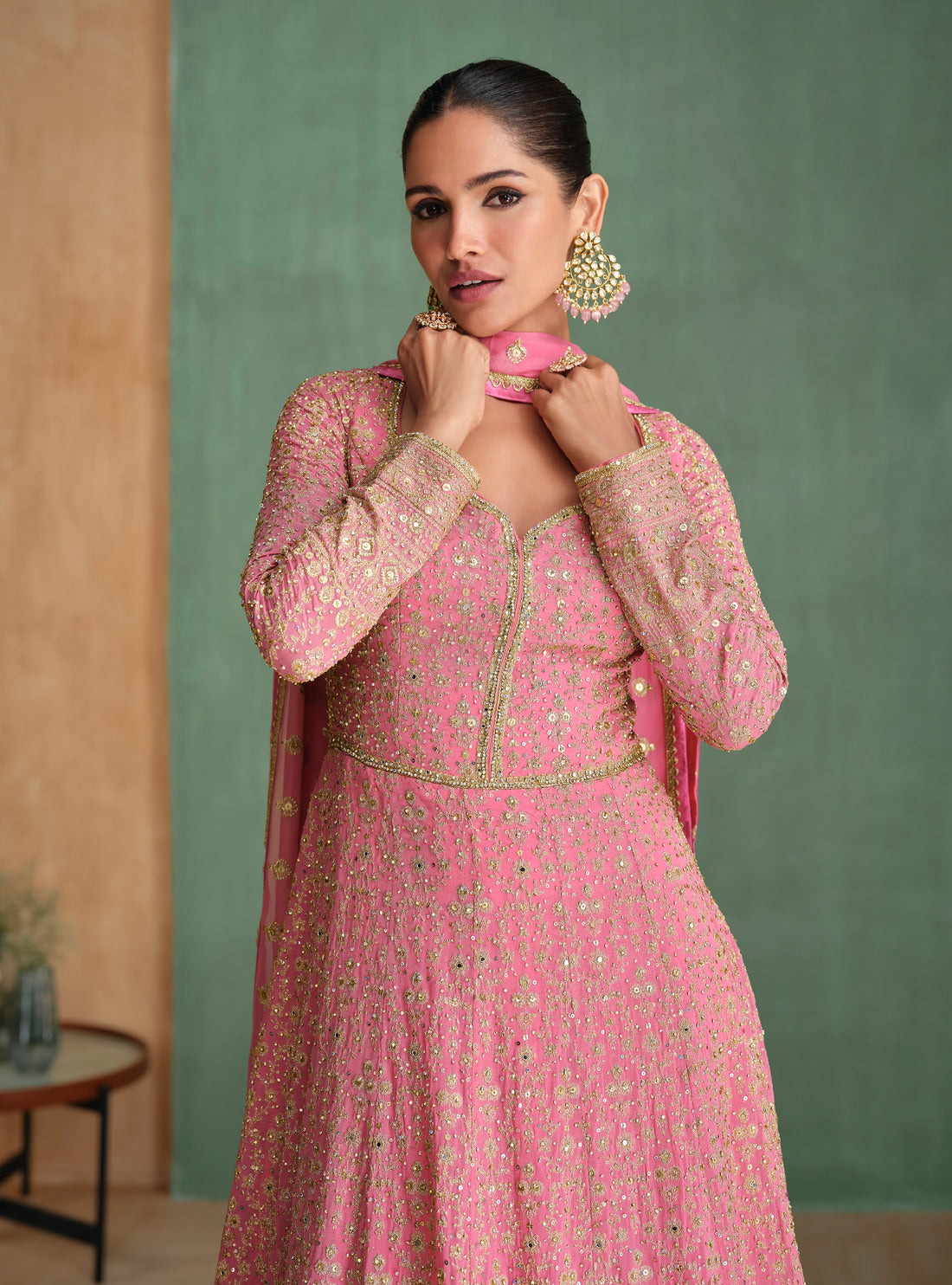 Pink Anarkali Suit with Swarovski Diamond Embroidery and Rich Dupatta