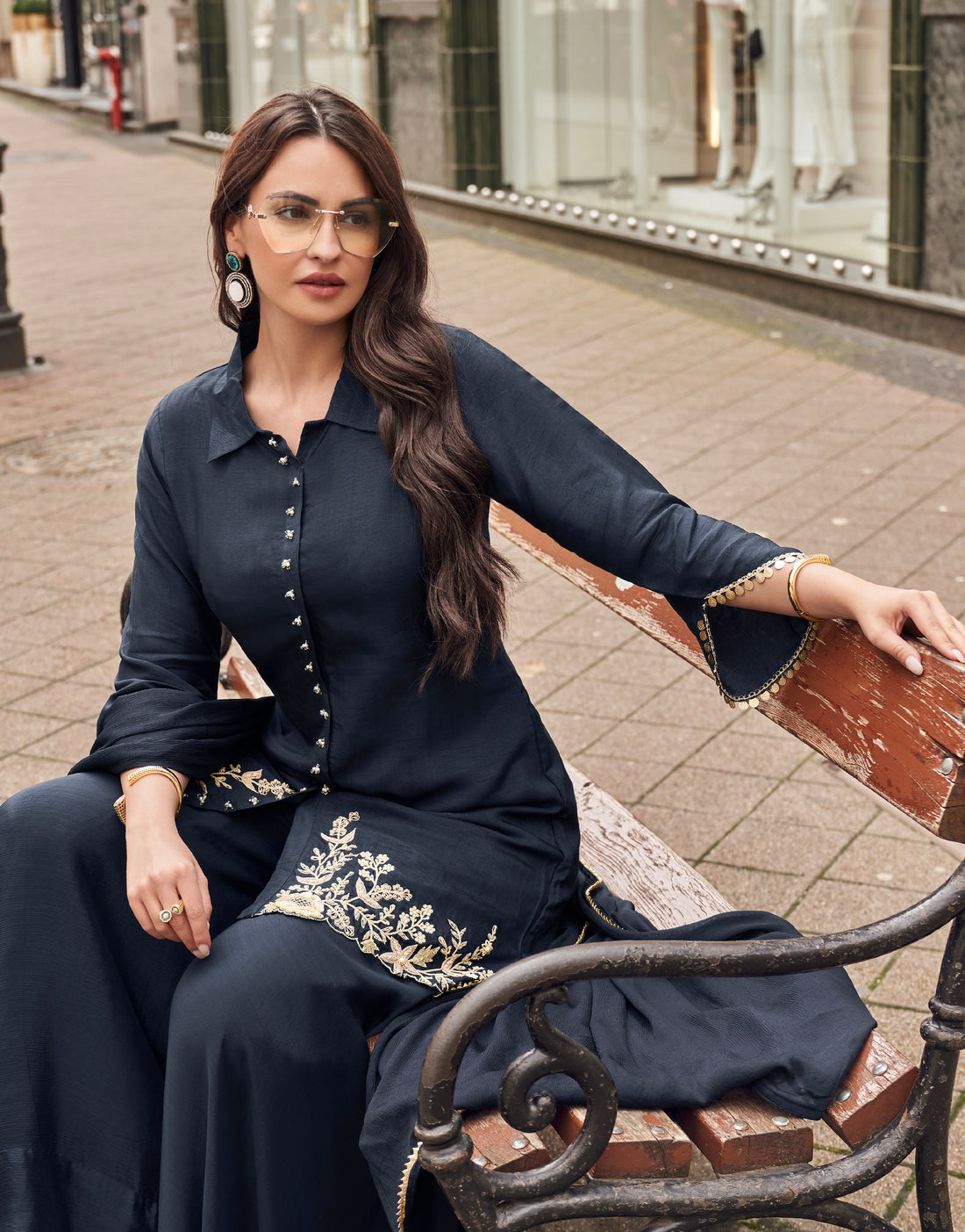 Navy Blue Embroidered Sharara Suit with Silk Dupatta