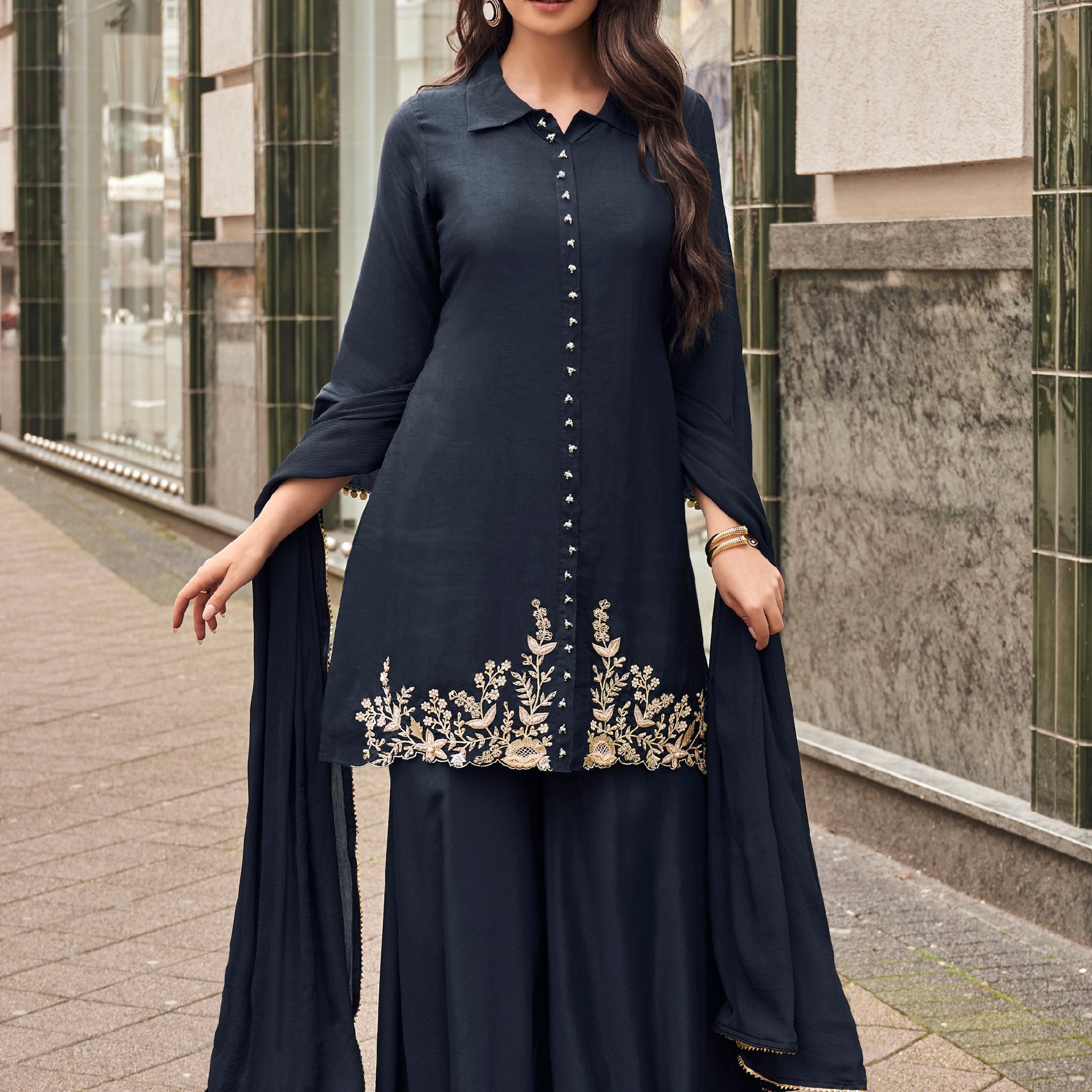 Navy Blue Embroidered Sharara Suit with Silk Dupatta