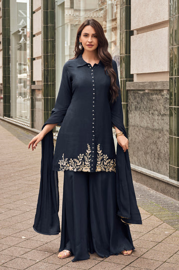 Navy Blue Embroidered Sharara Suit with Silk Dupatta