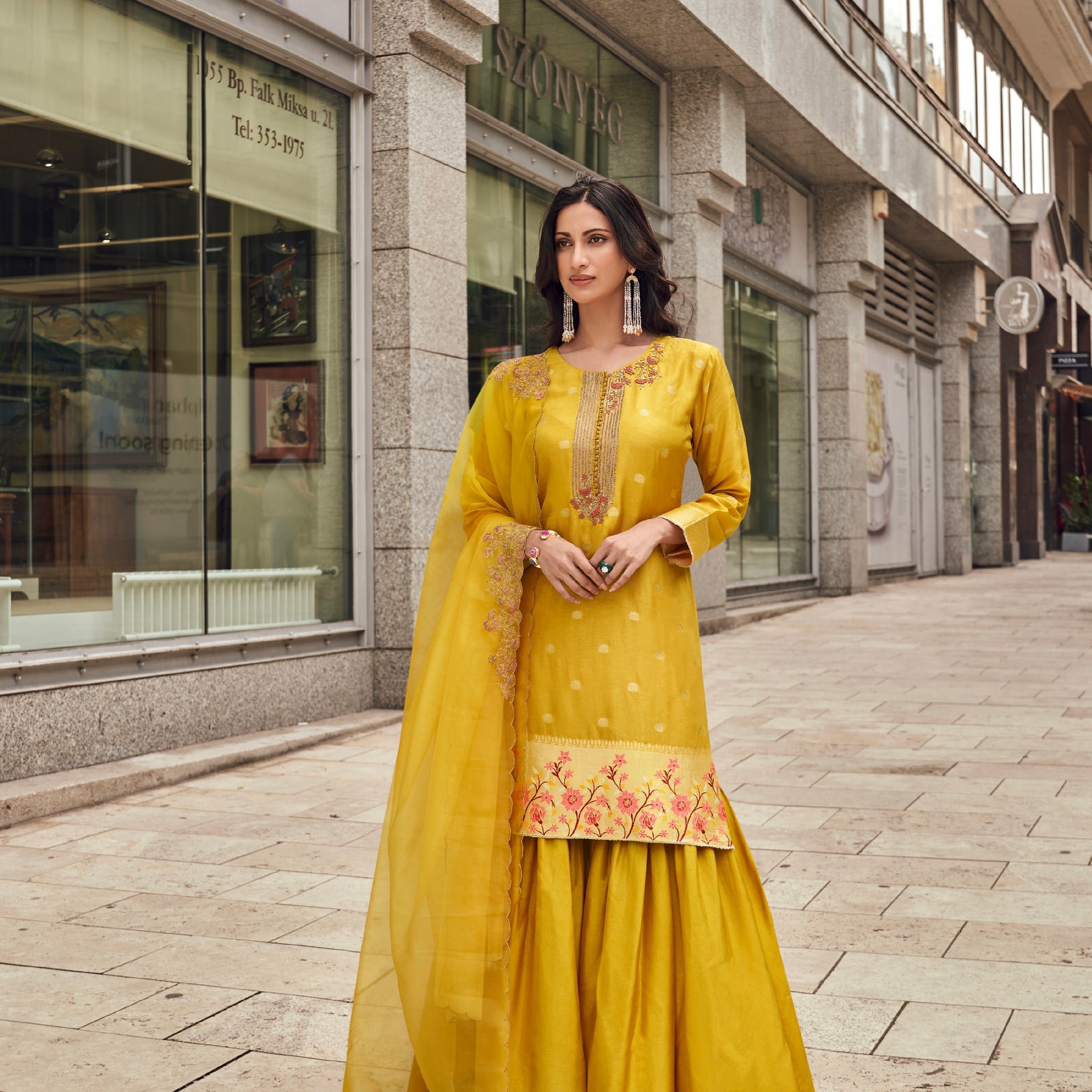 Yellow Sharara Suit with Floral Embroidery and Silk Dupatta