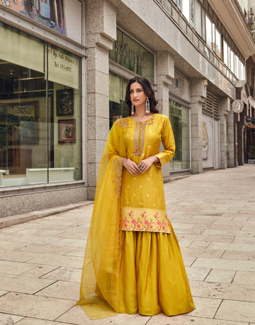 Yellow Sharara Suit with Floral Embroidery and Silk Dupatta