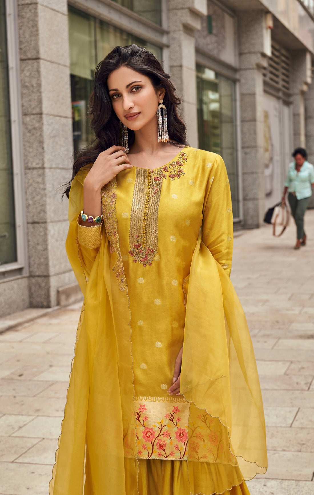 Yellow Sharara Suit with Floral Embroidery and Silk Dupatta