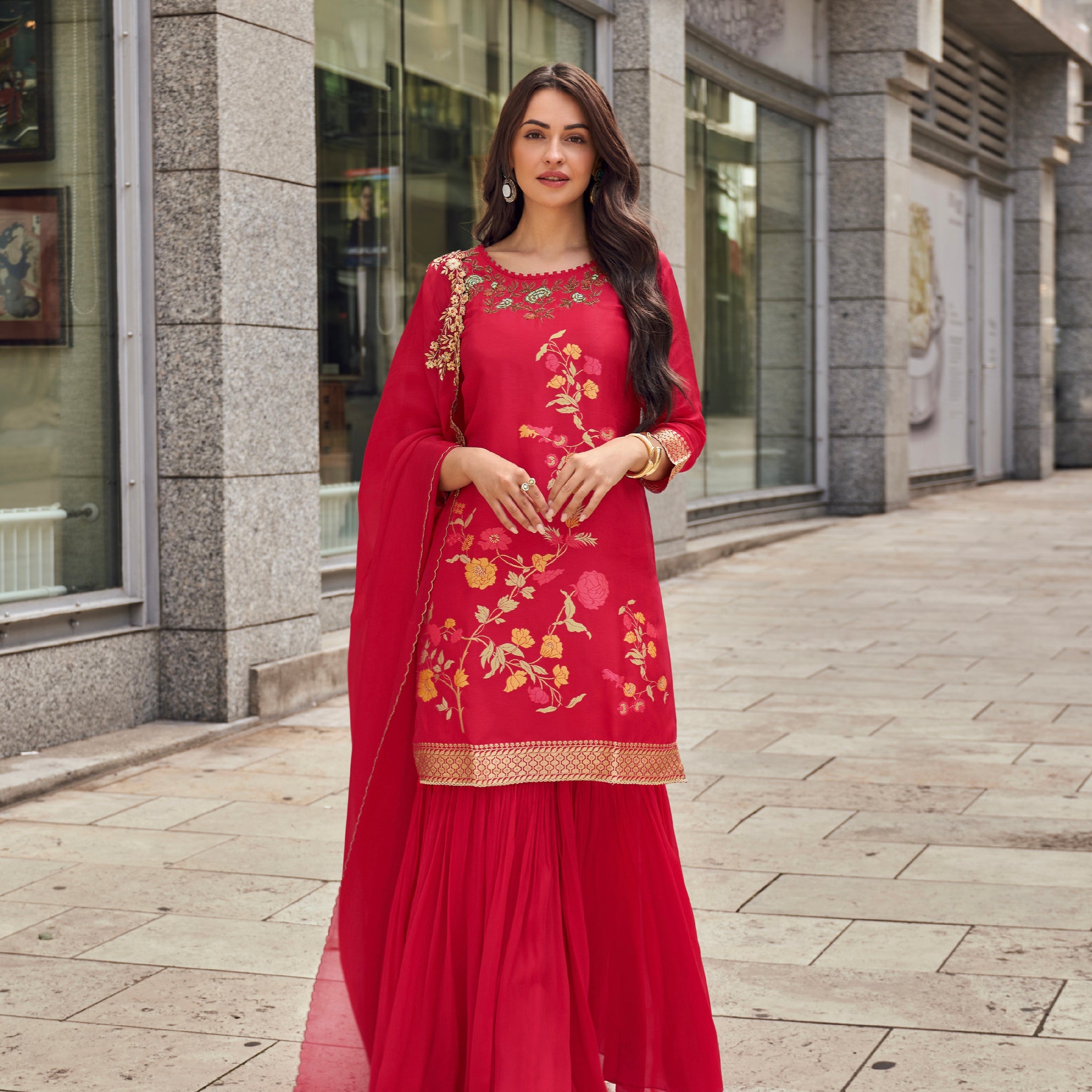 Red Embroidered Sharara Suit with Designer Silk Dupatta