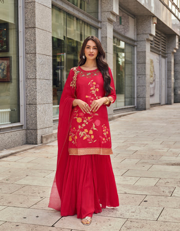 Red Embroidered Sharara Suit with Designer Silk Dupatta