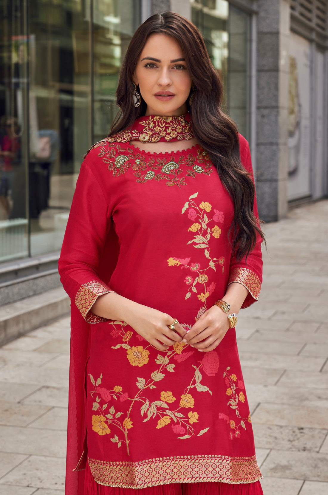 Red Embroidered Sharara Suit with Designer Silk Dupatta