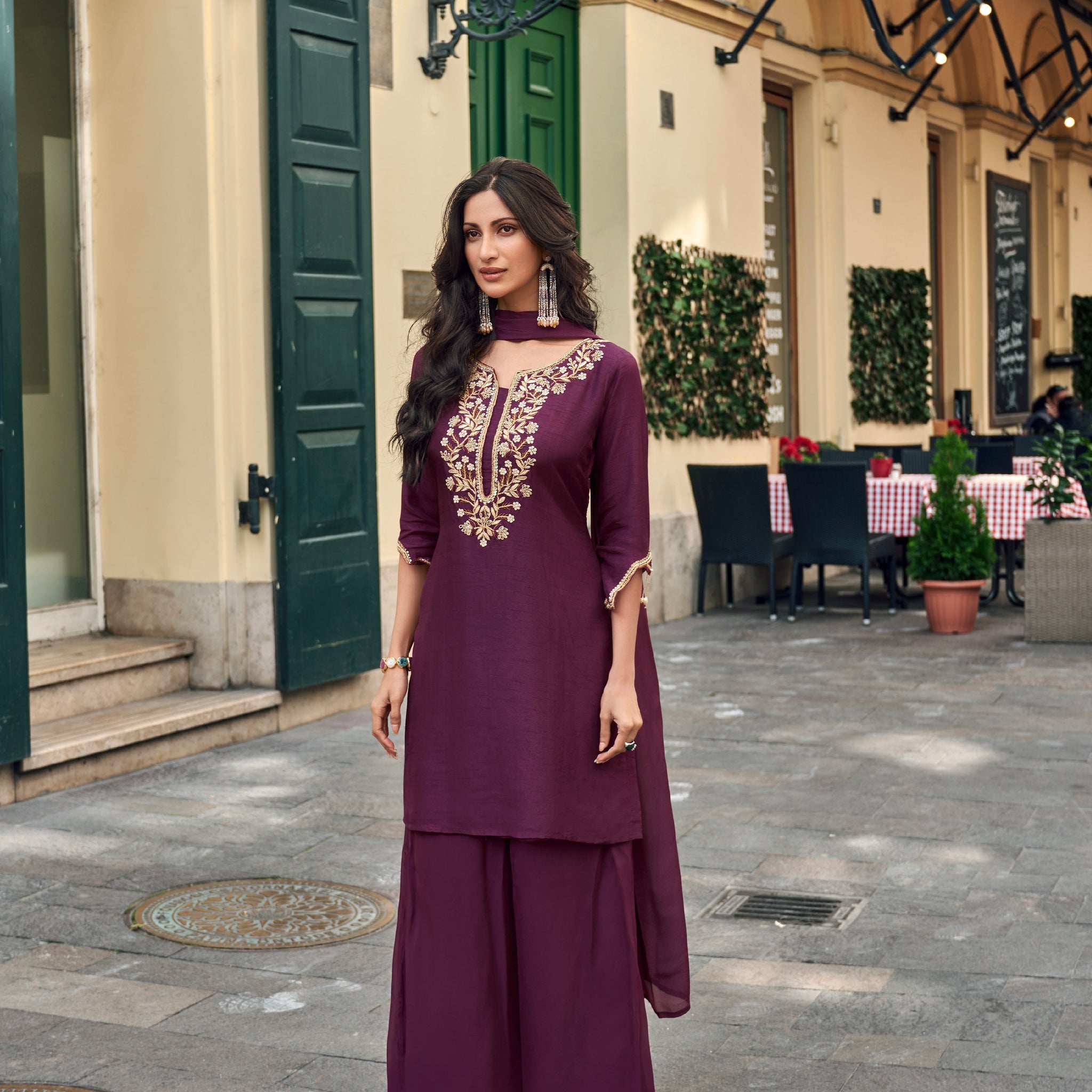 Plum Purple Sharara Suit with Embellished Silk Dupatta