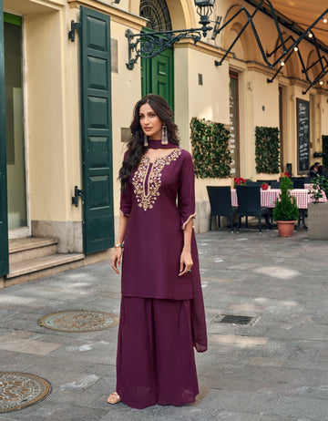 Plum Purple Sharara Suit with Embellished Silk Dupatta