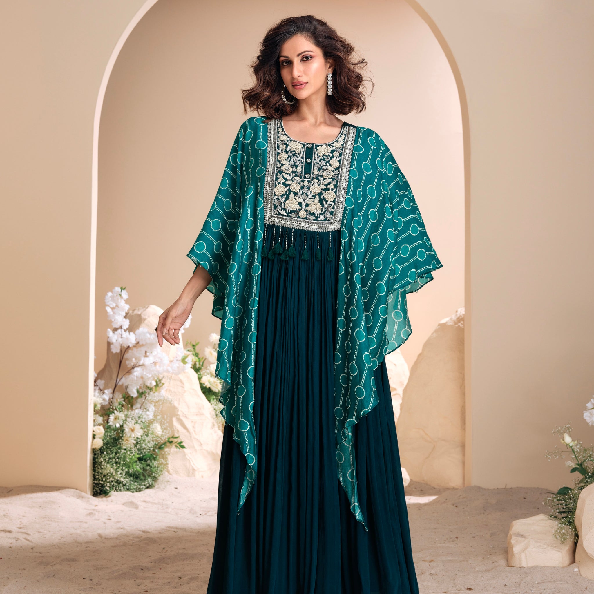 Teal Green Chinon Silk Gown with Hand Moti Embroidery