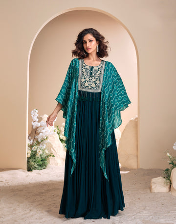 Teal Green Chinon Silk Gown with Hand Moti Embroidery