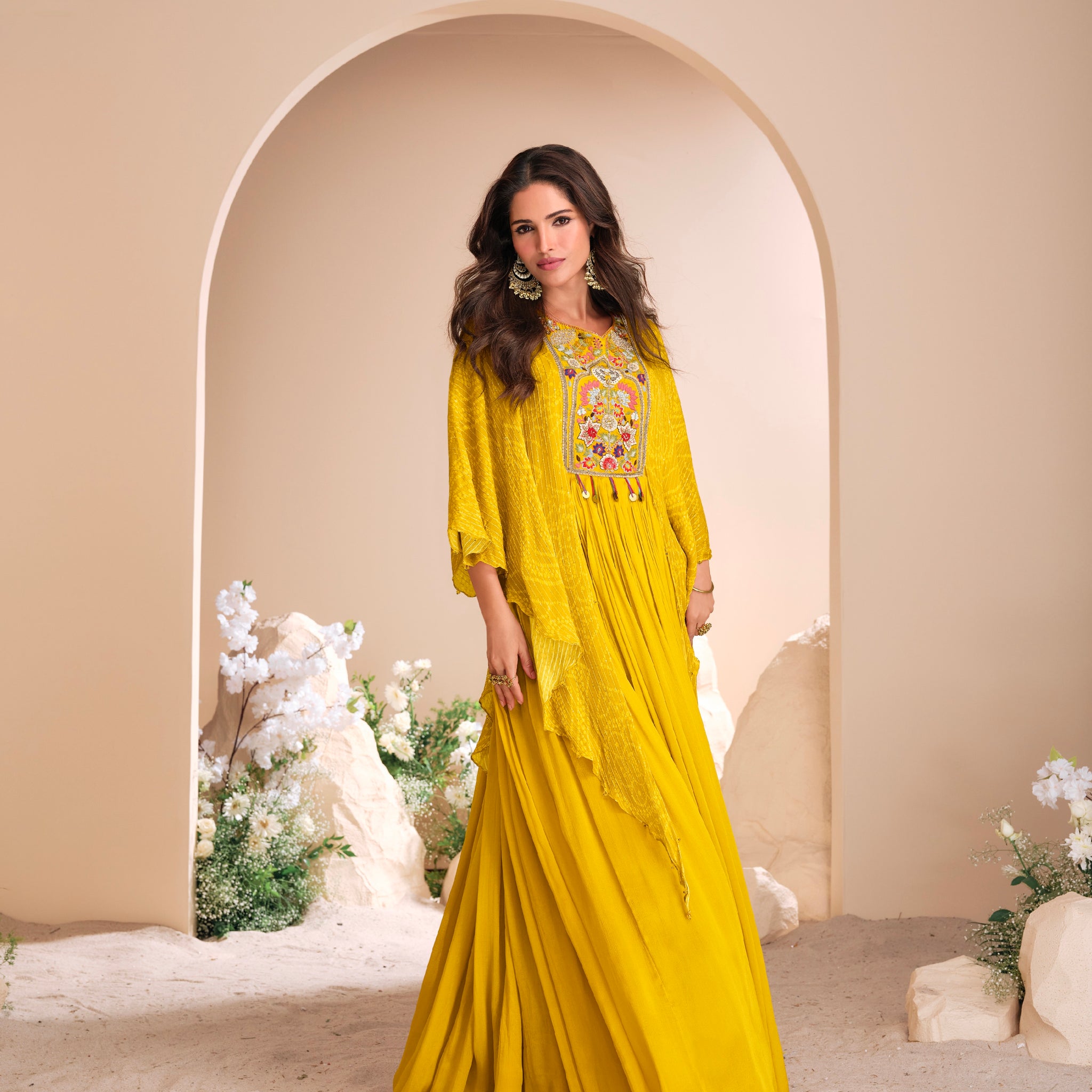 Yellow Chinon Silk Gown with Floral Hand Moti Work