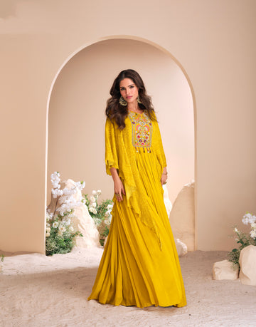 Yellow Chinon Silk Gown with Floral Hand Moti Work