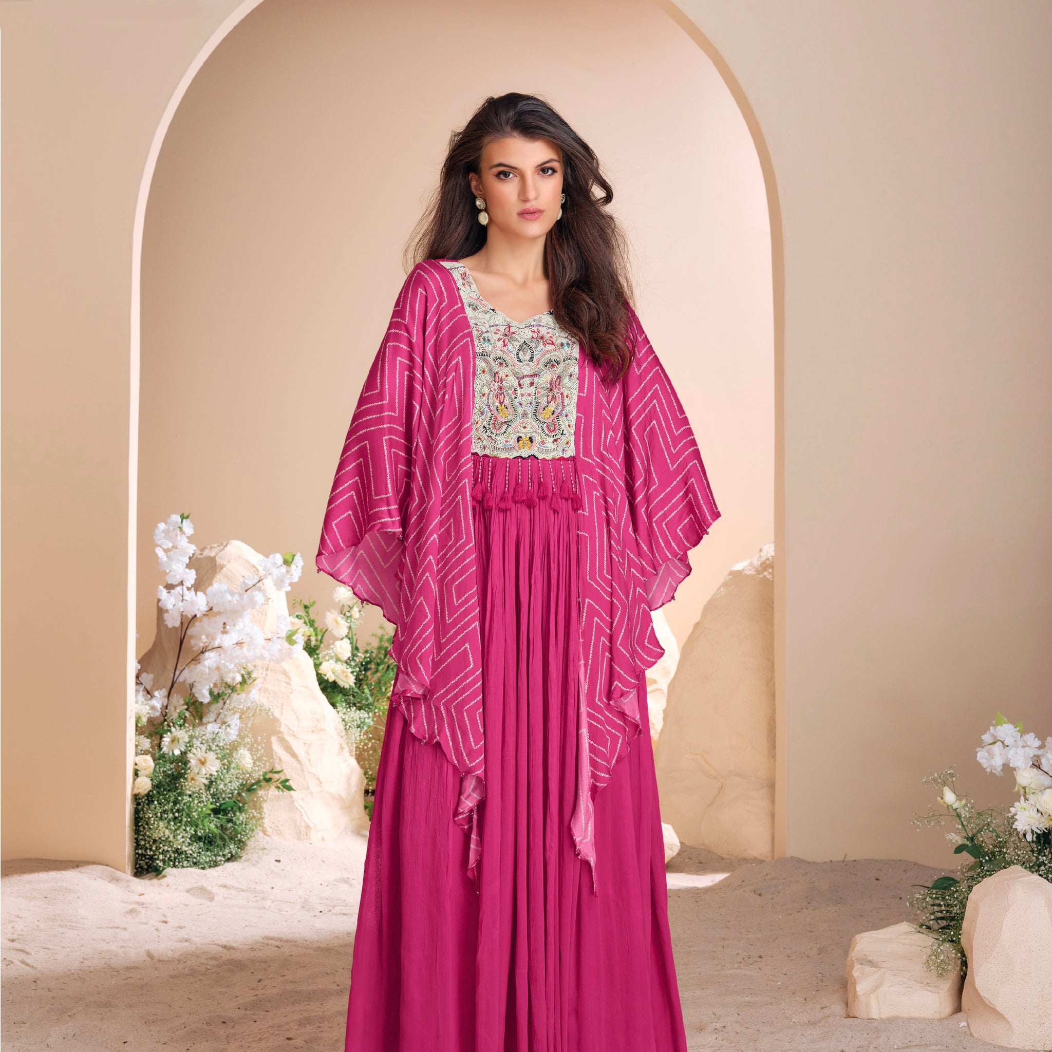 Pink Chinon Silk Gown with Hand Moti Embroidery