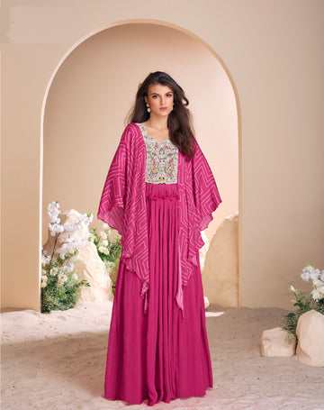 Pink Chinon Silk Gown with Hand Moti Embroidery