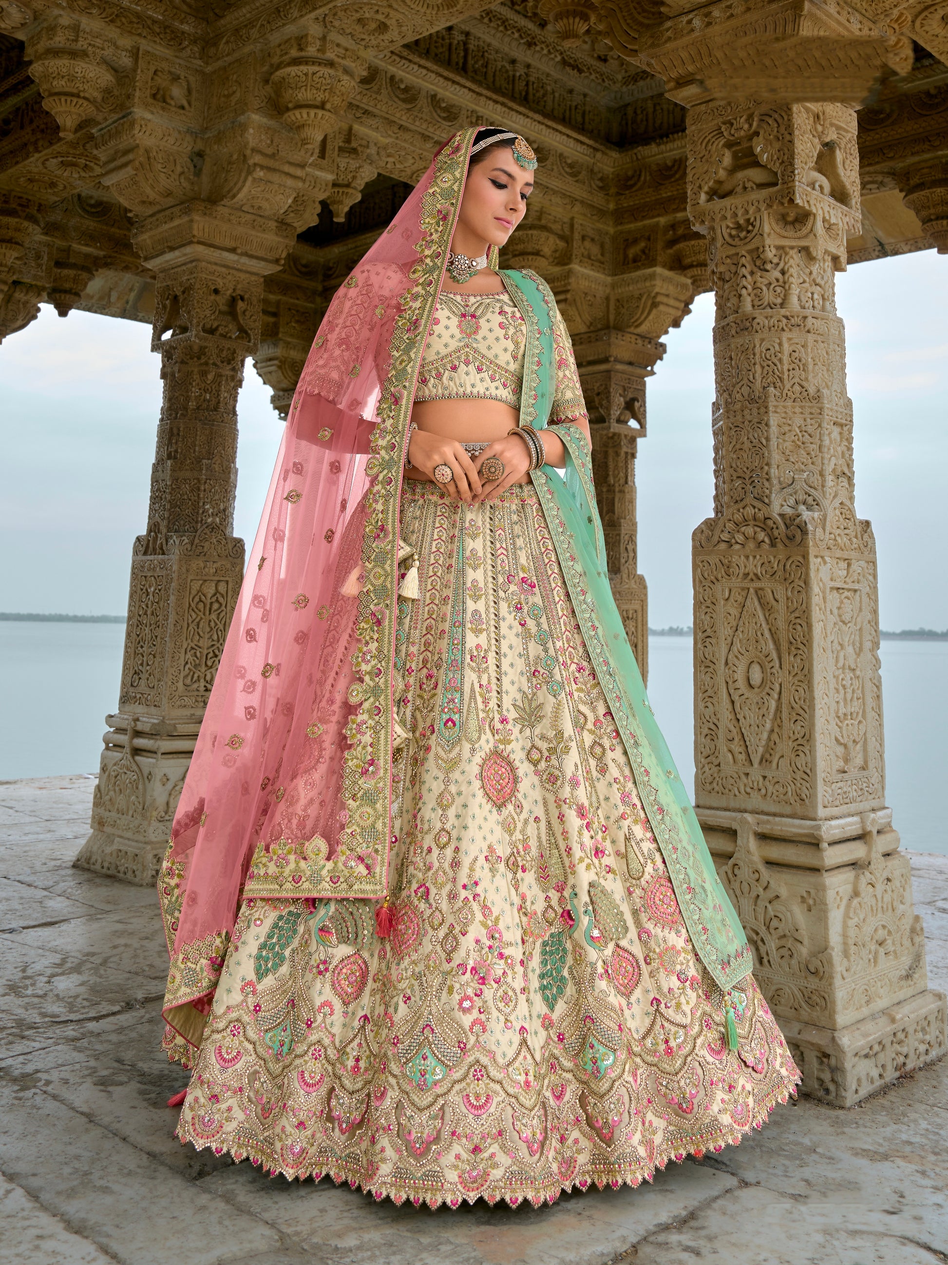 Pastel Green and Gold Embroidered Bridal Lehenga