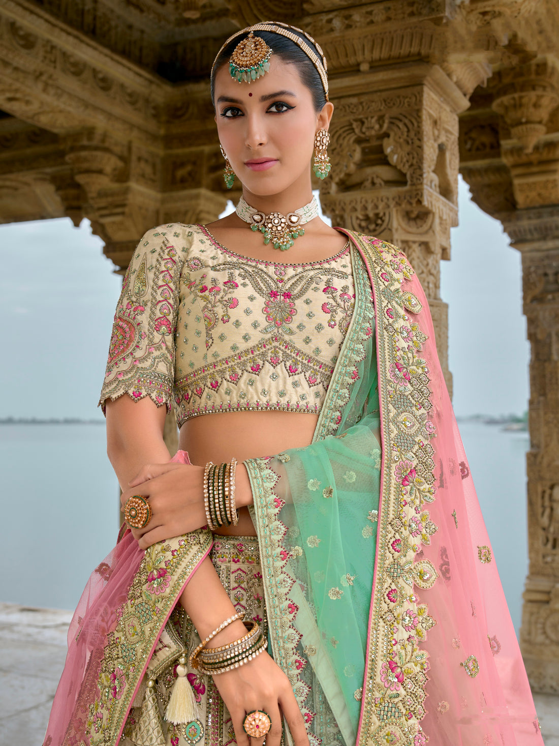 Pastel Green and Gold Embroidered Bridal Lehenga