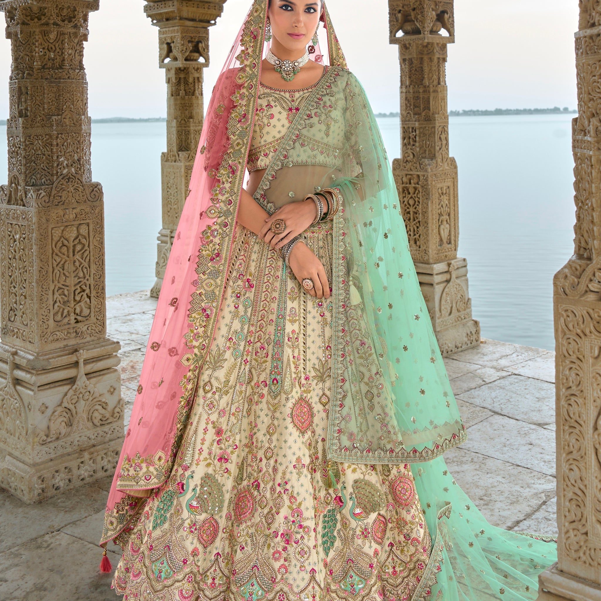 Pastel Green and Gold Embroidered Bridal Lehenga