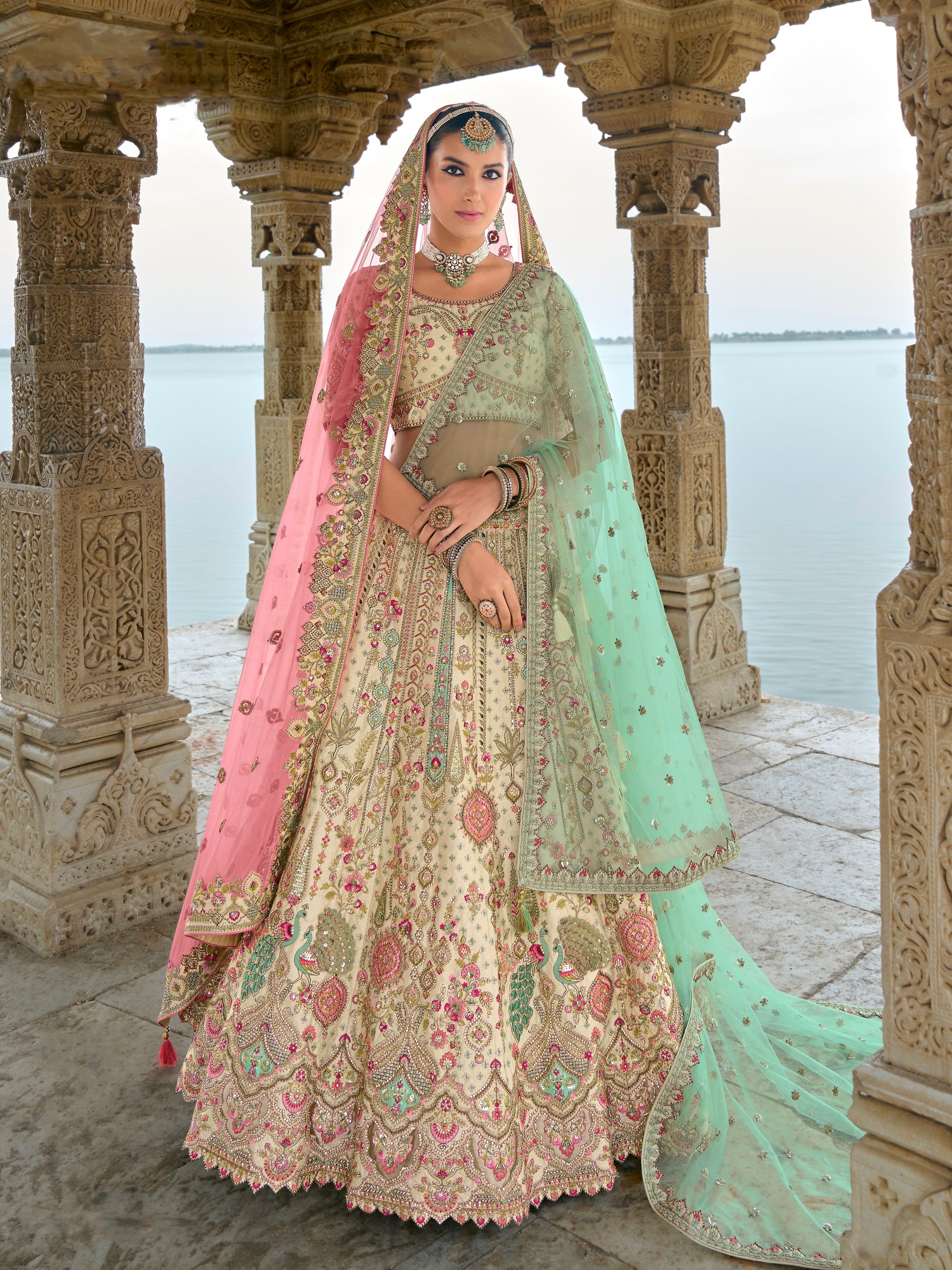 Pastel Green and Gold Embroidered Bridal Lehenga