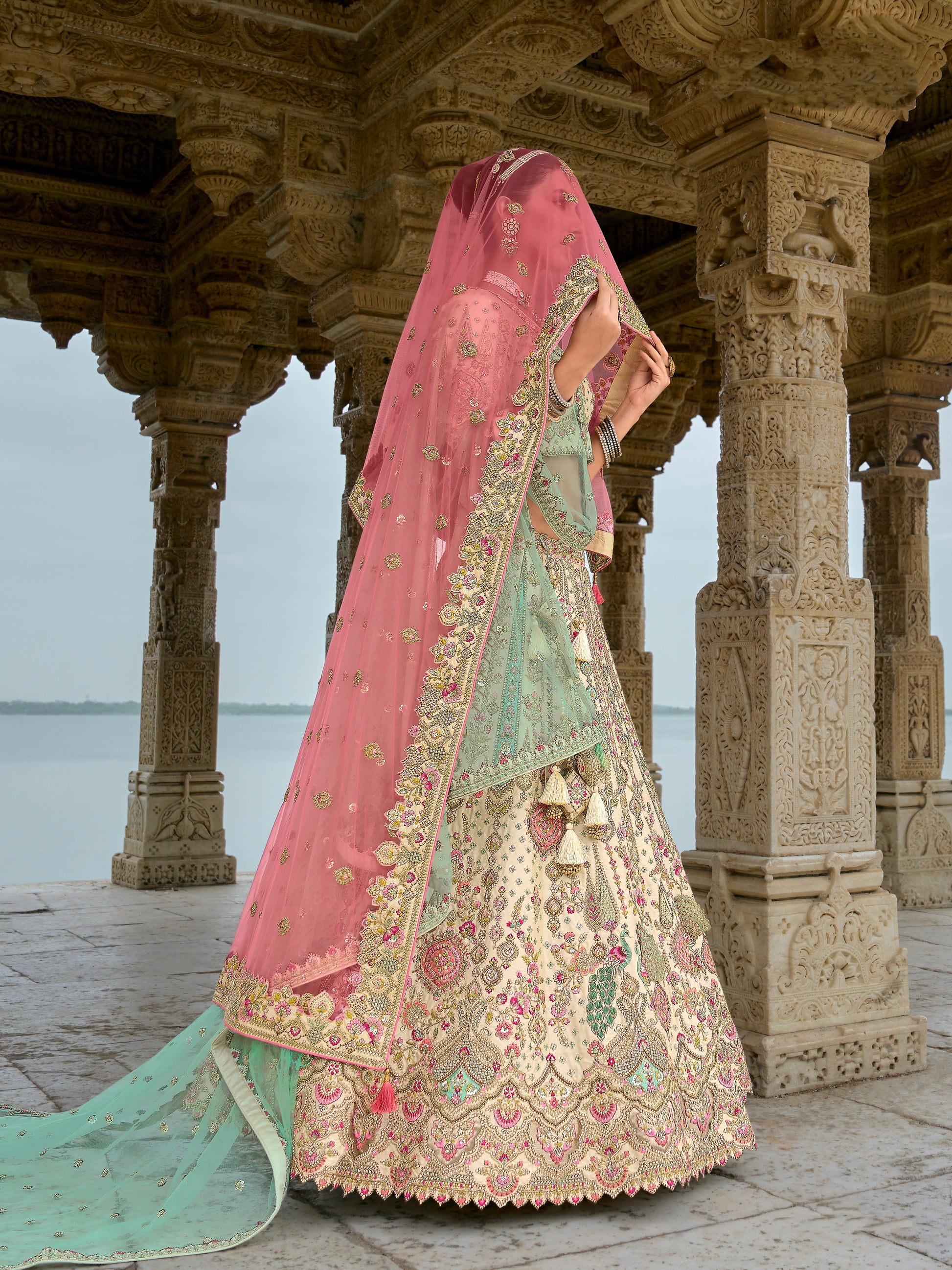 Pastel Green and Gold Embroidered Bridal Lehenga