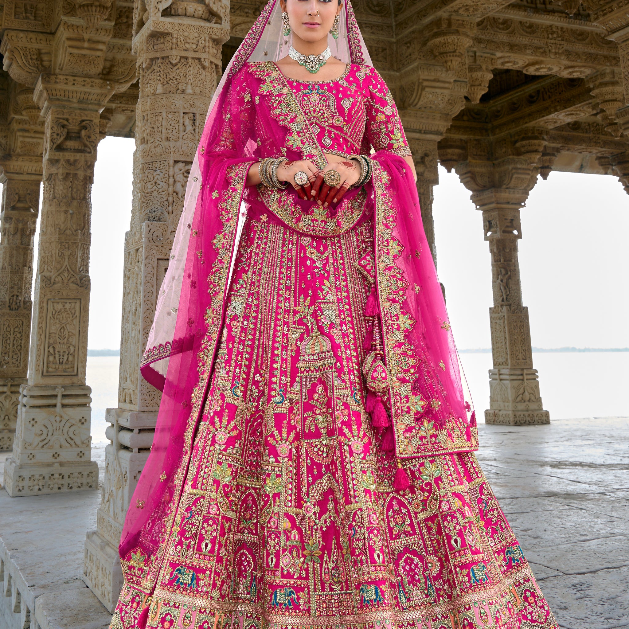 Pink Bridal Lehenga with Embroidery and Net Dupatta