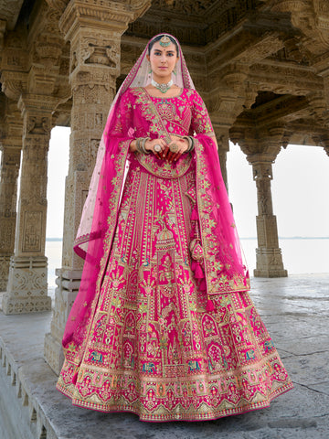 Pink Bridal Lehenga with Embroidery and Net Dupatta