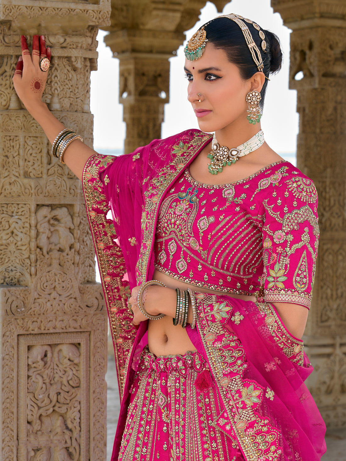 Pink Bridal Lehenga with Embroidery and Net Dupatta