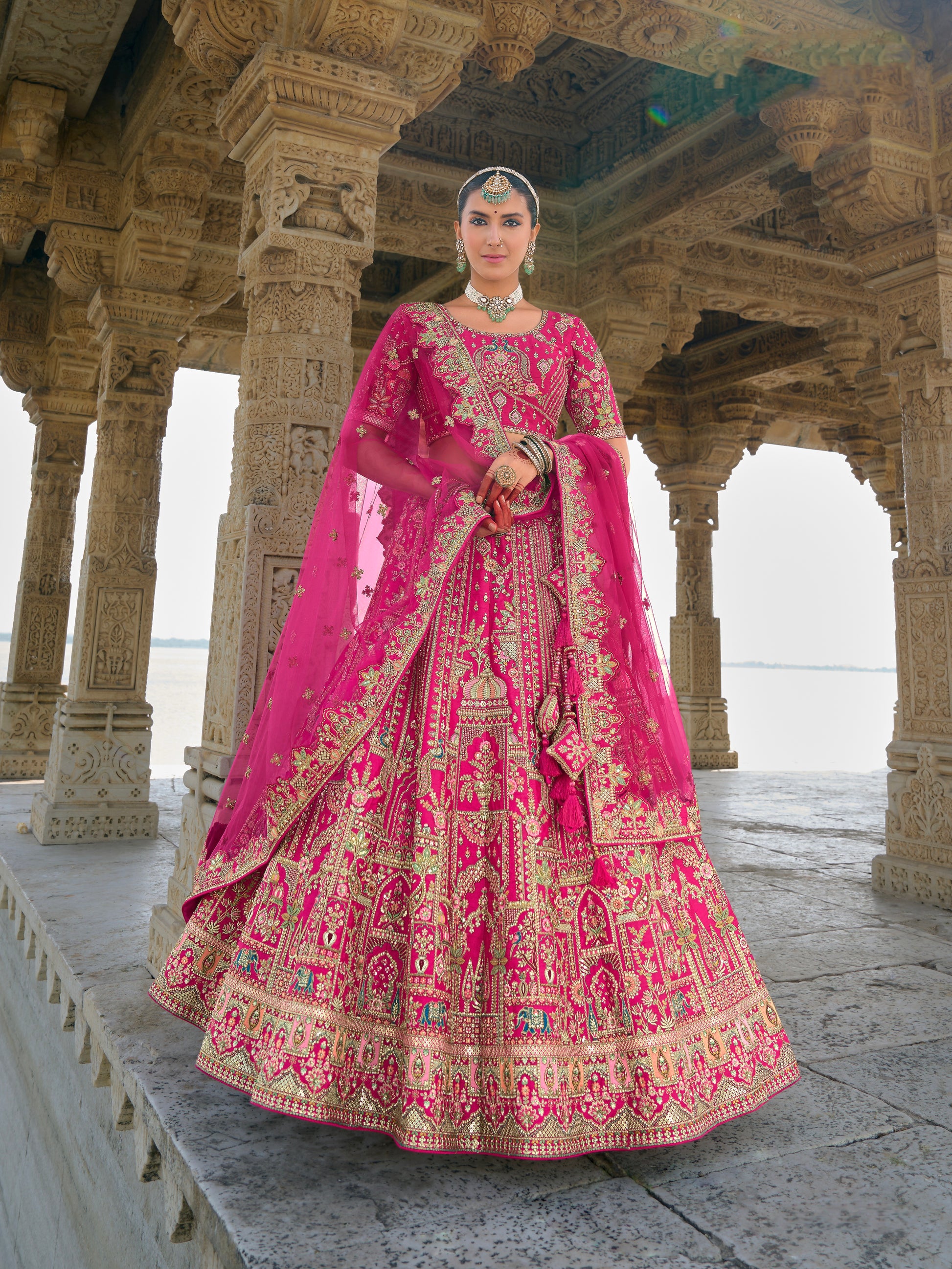 Pink Bridal Lehenga with Embroidery and Net Dupatta