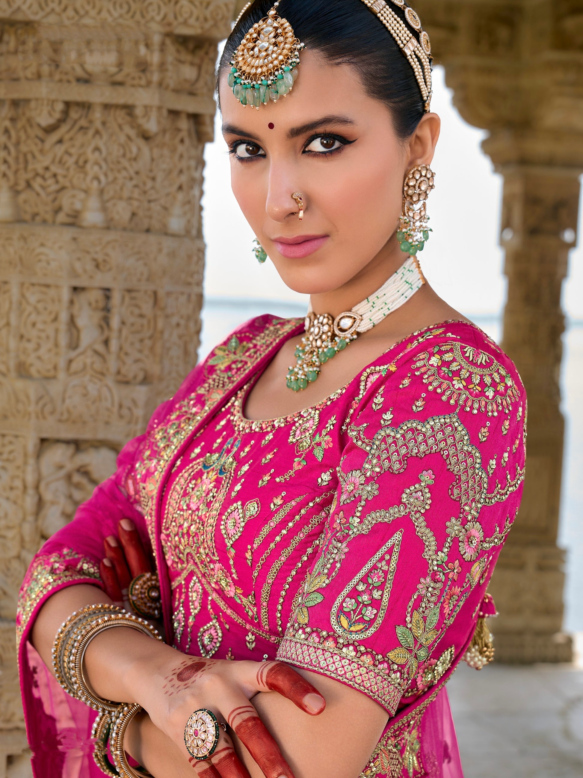 Pink Bridal Lehenga with Embroidery and Net Dupatta