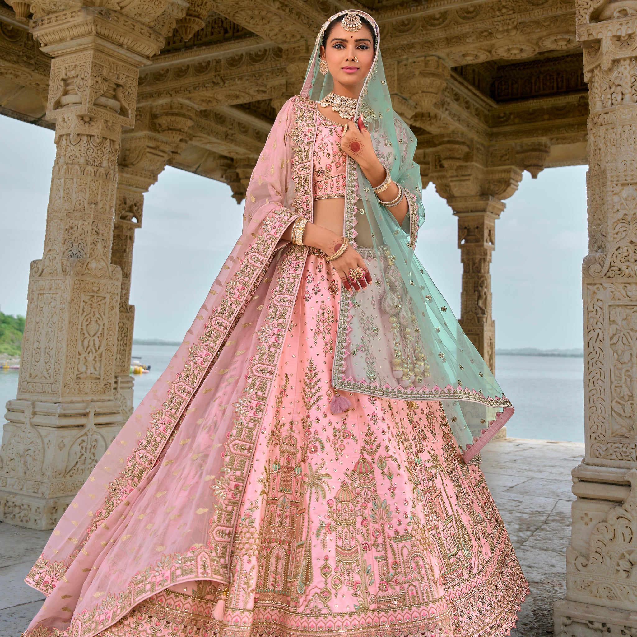 Pink Bridal Lehenga with Heavy Embroidery and Net Dupatta