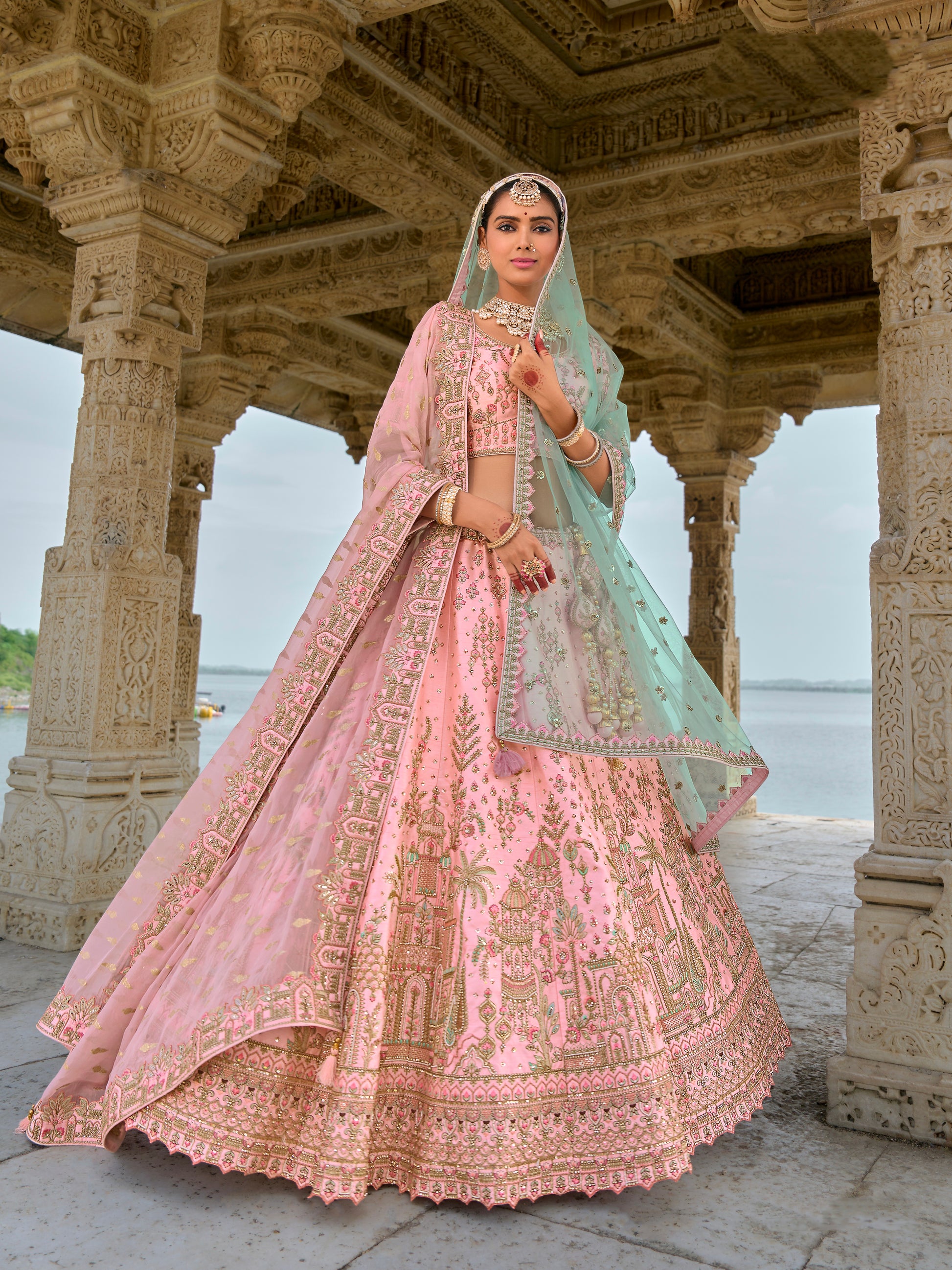 Pink Bridal Lehenga with Heavy Embroidery and Net Dupatta