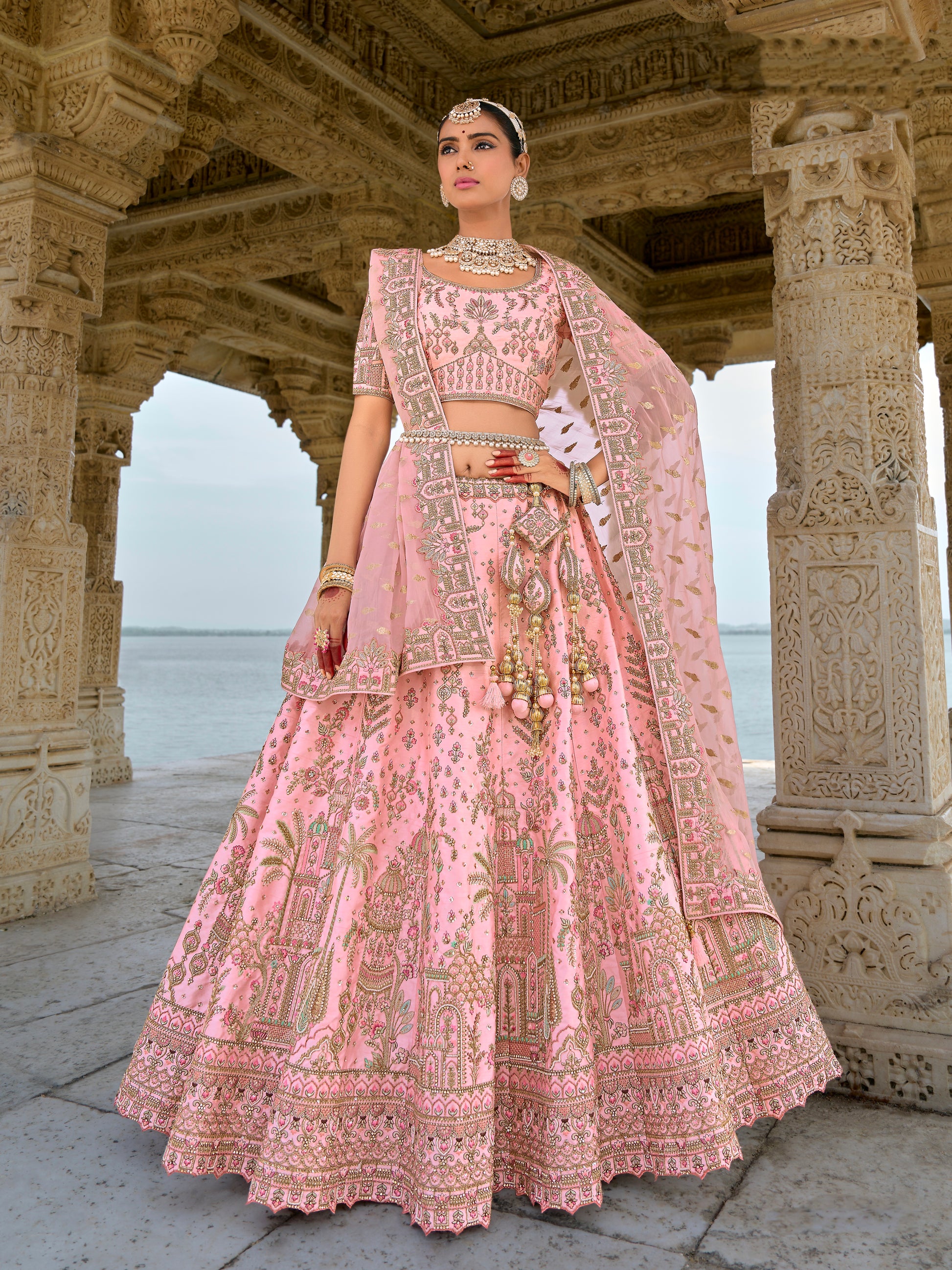 Pink Bridal Lehenga with Heavy Embroidery and Net Dupatta