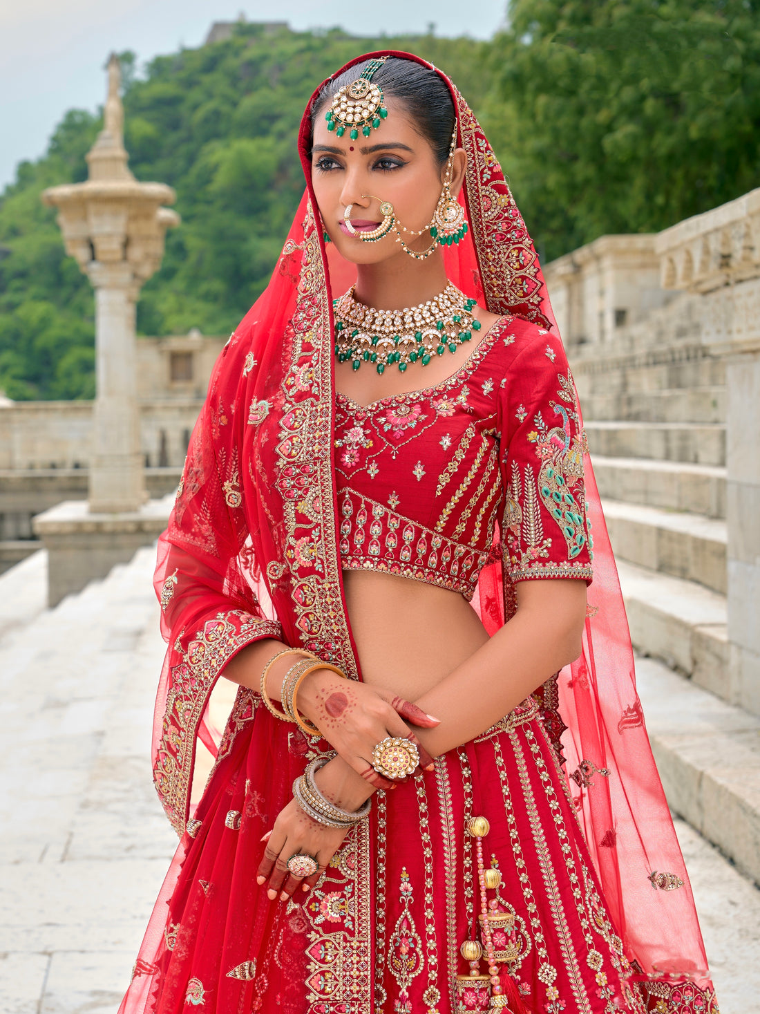 Vibrant Red Heavy Embroidered Bridal Lehenga