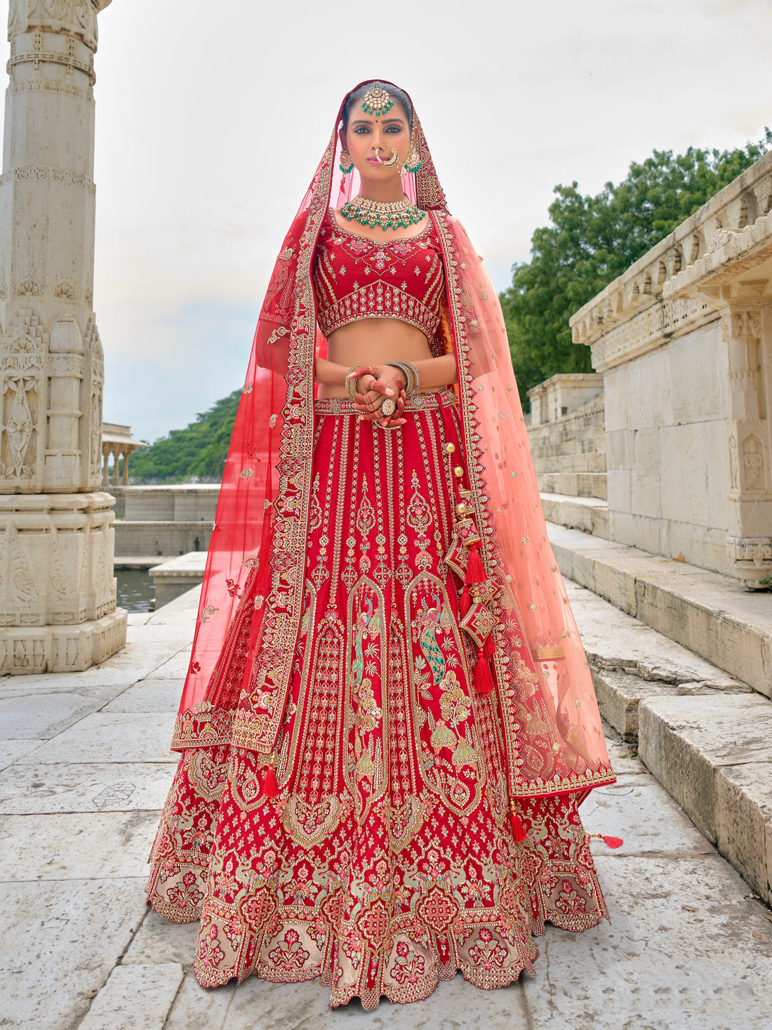 Vibrant Red Heavy Embroidered Bridal Lehenga