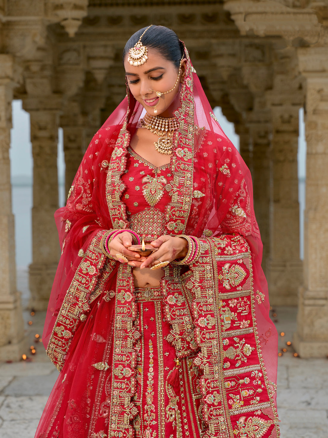 Deep Red Traditional Bridal Lehenga with Heavy Embroidery