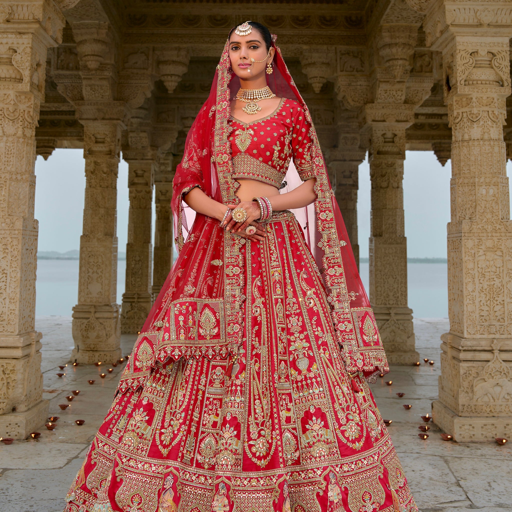 Deep Red Traditional Bridal Lehenga with Heavy Embroidery