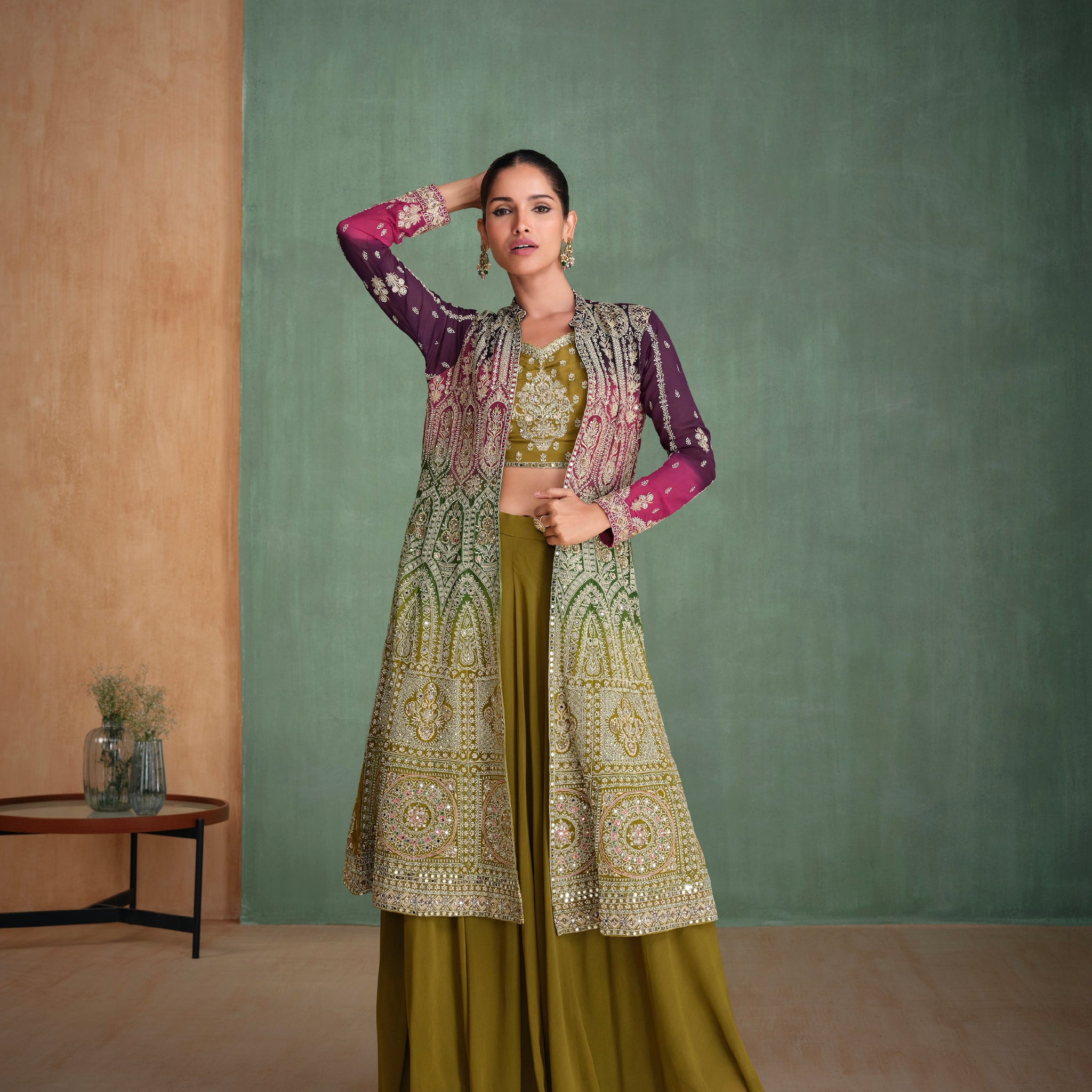 Olive Green Palazzo Suit with Embroidered Mirror Work