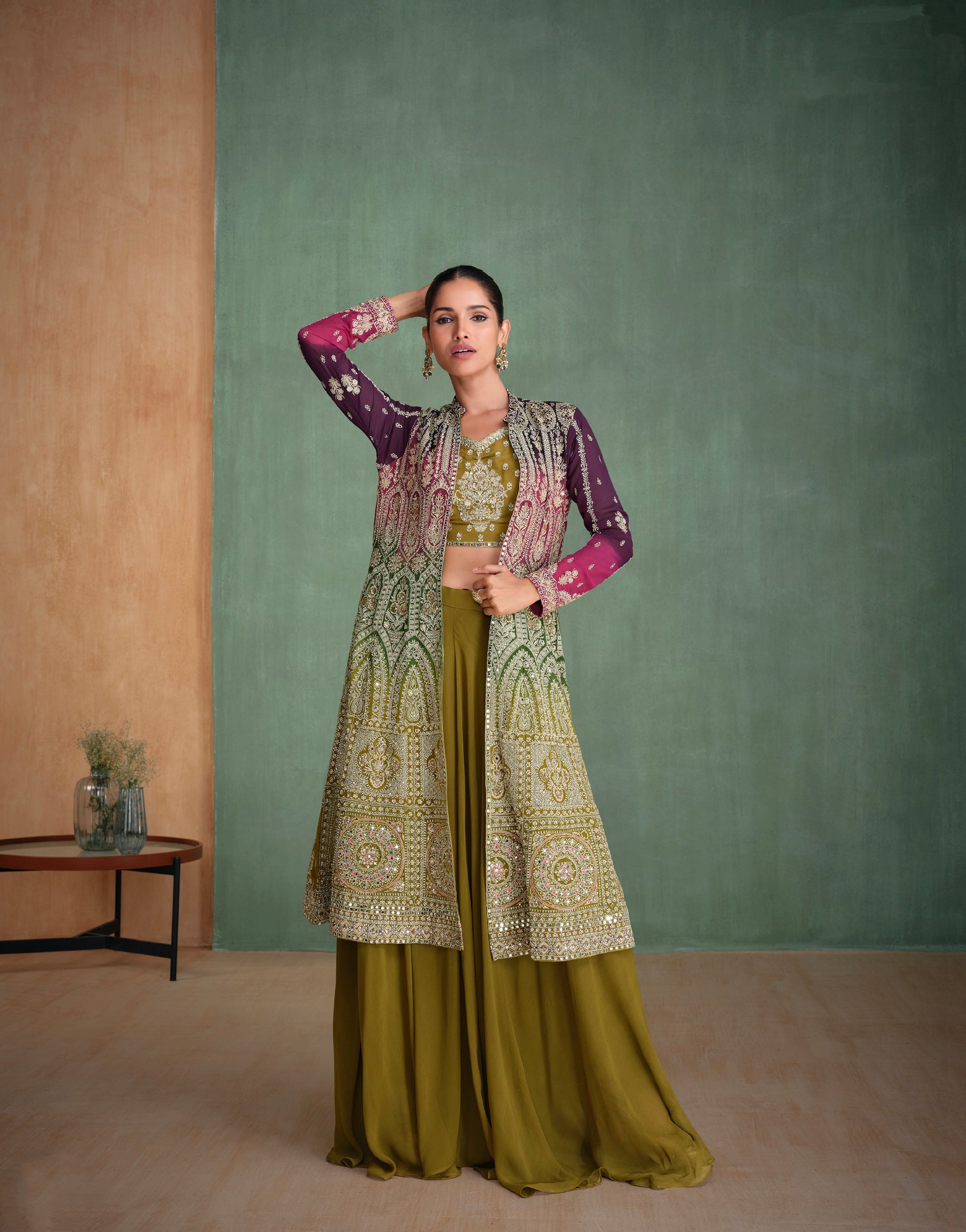 Olive Green Palazzo Suit with Embroidered Mirror Work