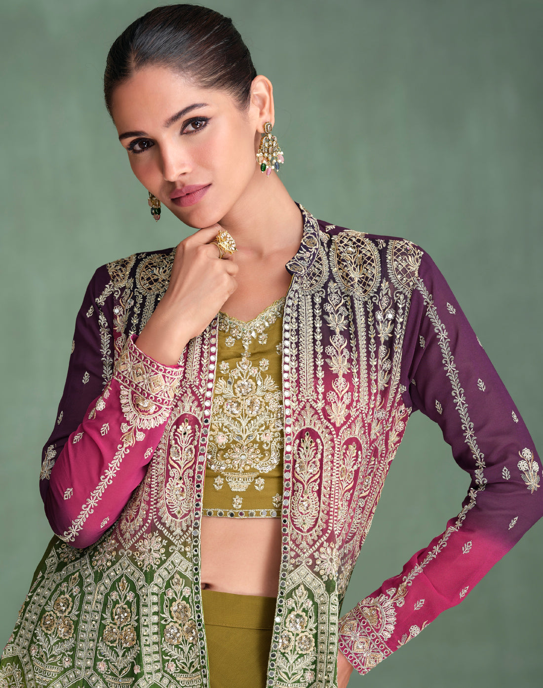 Olive Green Palazzo Suit with Embroidered Mirror Work