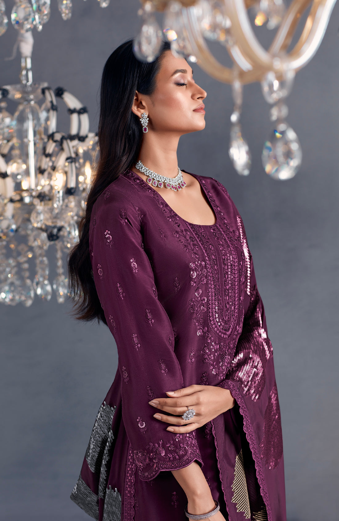 Plum Straight-Cut Embroidered Suit with Organza Dupatta