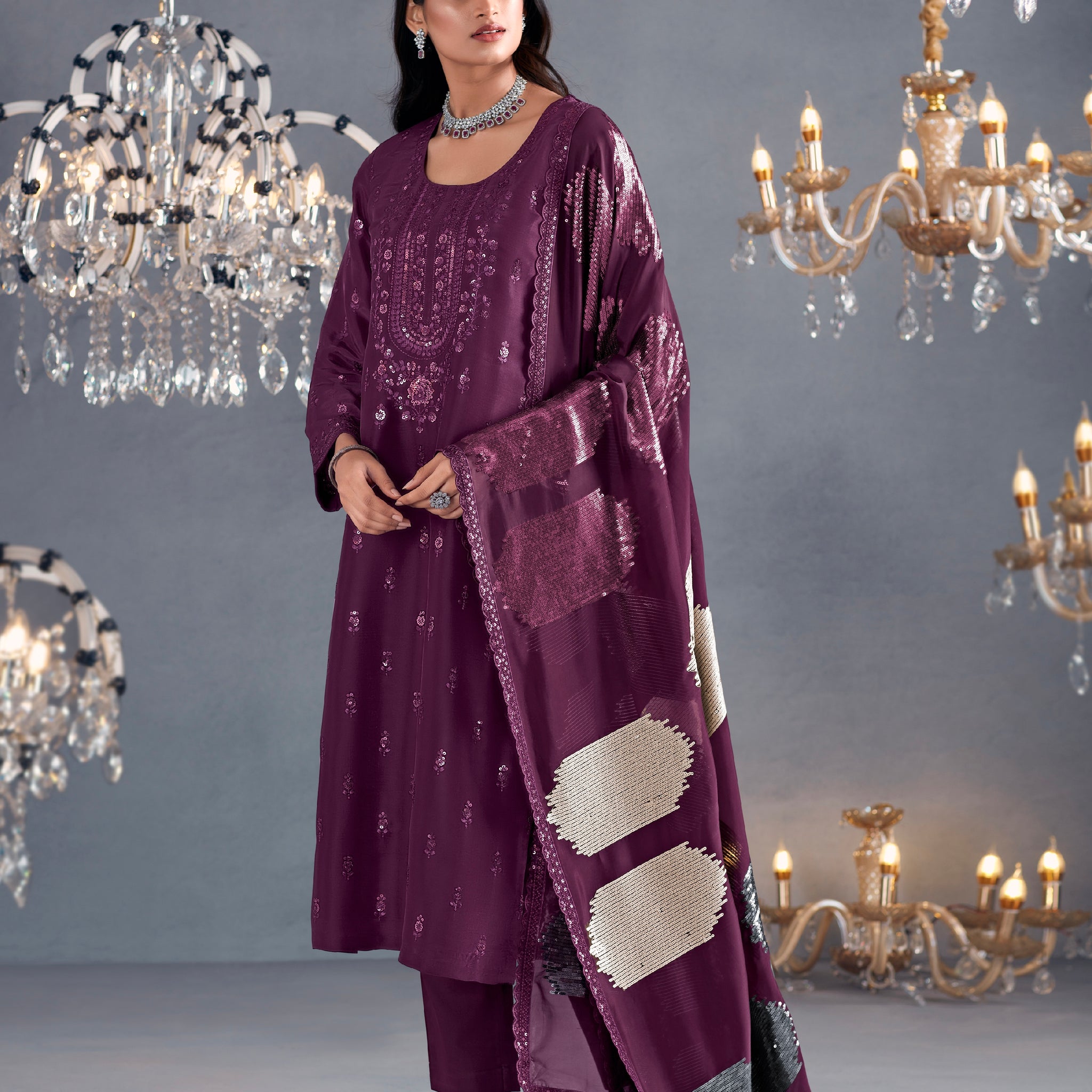 Plum Straight-Cut Embroidered Suit with Organza Dupatta