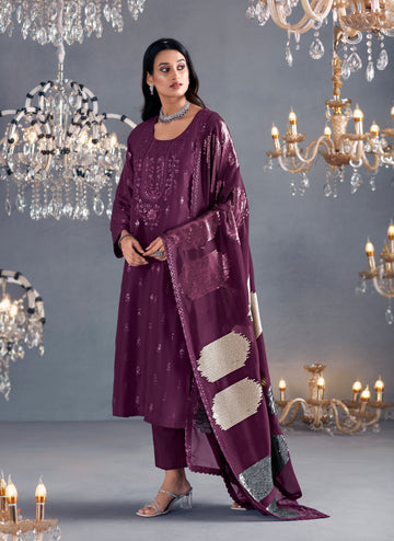 Plum Straight-Cut Embroidered Suit with Organza Dupatta