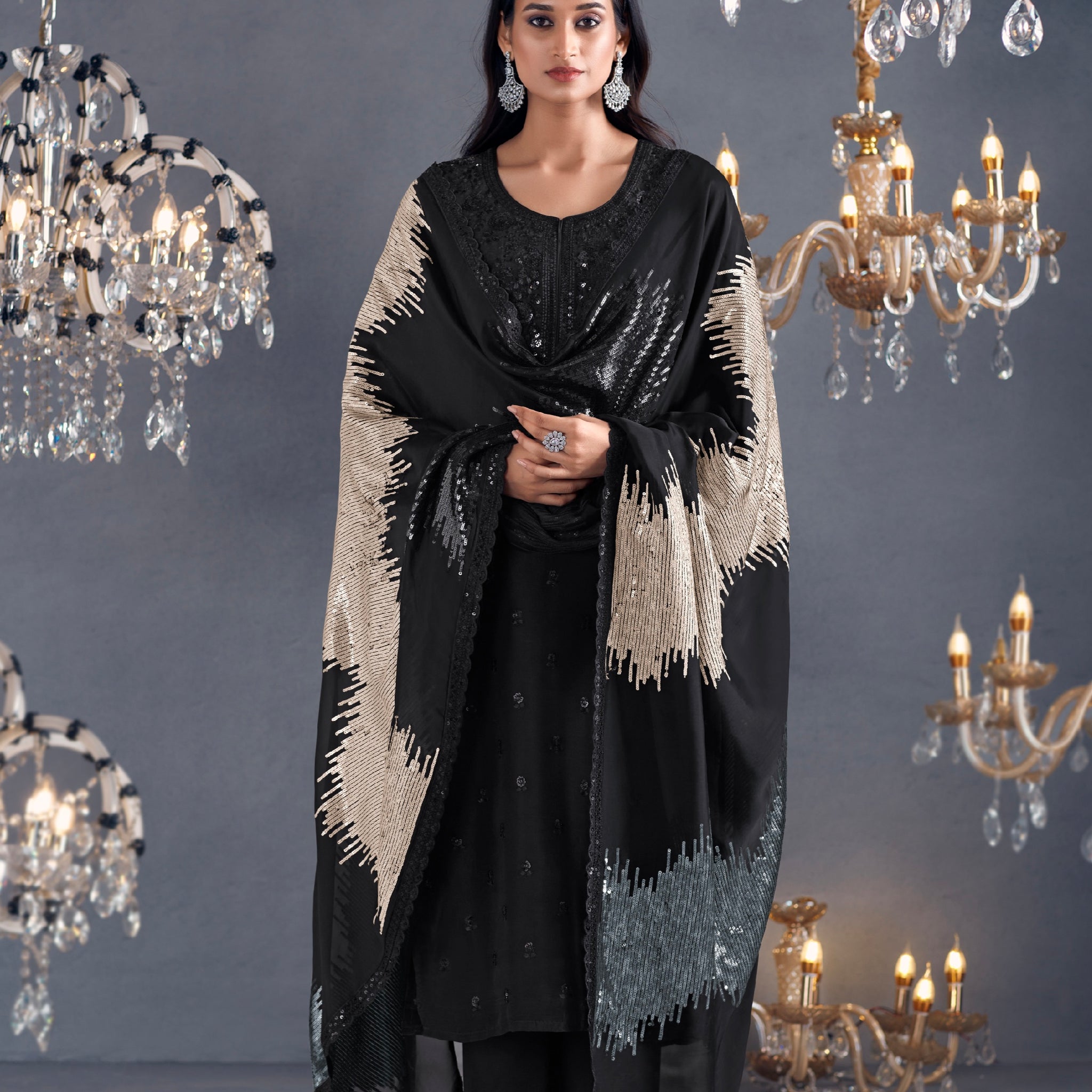 Black Straight Suit with Sequins Embroidered Organza Dupatta