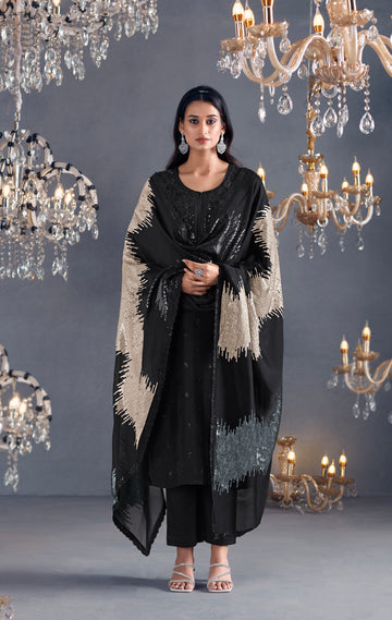 Black Straight Suit with Sequins Embroidered Organza Dupatta