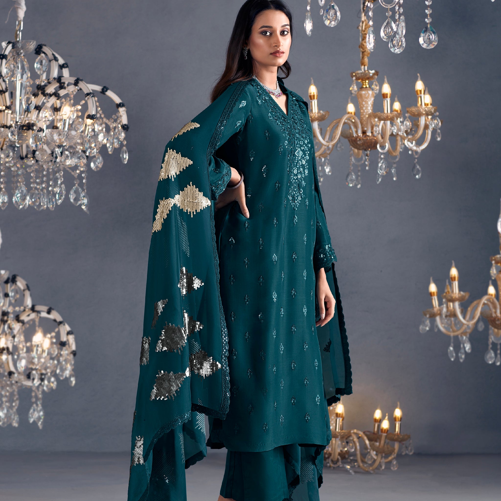 Teal Straight Cut Suit with Sequins Organza Dupatta