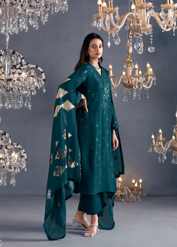 Teal Straight Cut Suit with Sequins Organza Dupatta