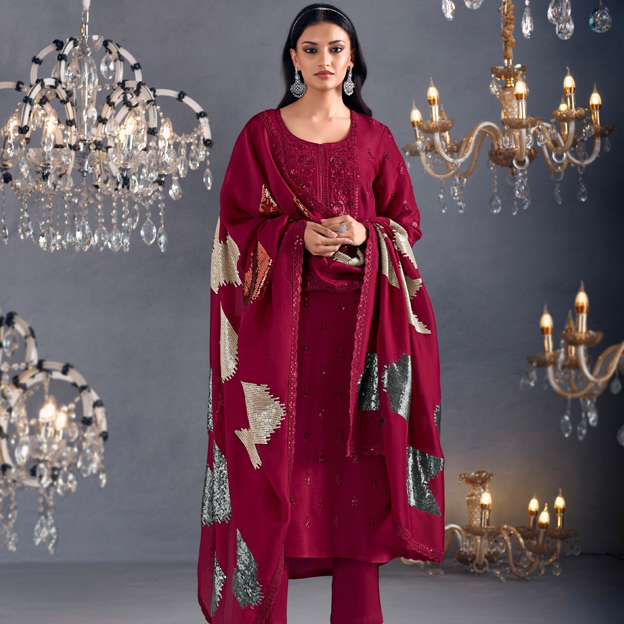 Wine Straight Suit with Sequins Grid Embroidered Dupatta