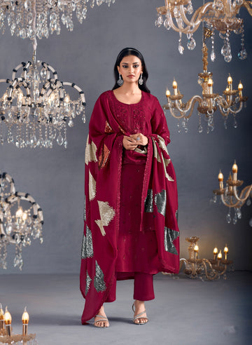 Wine Straight Suit with Sequins Grid Embroidered Dupatta